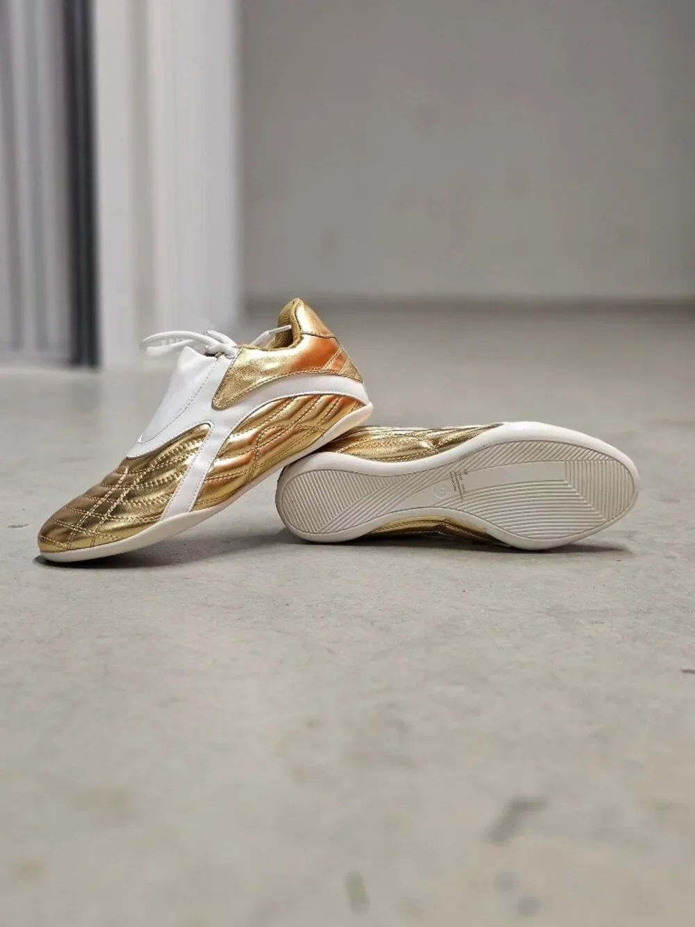 Gold & White Athletic Sneakers With Quilted Design & Lace-Up Closure